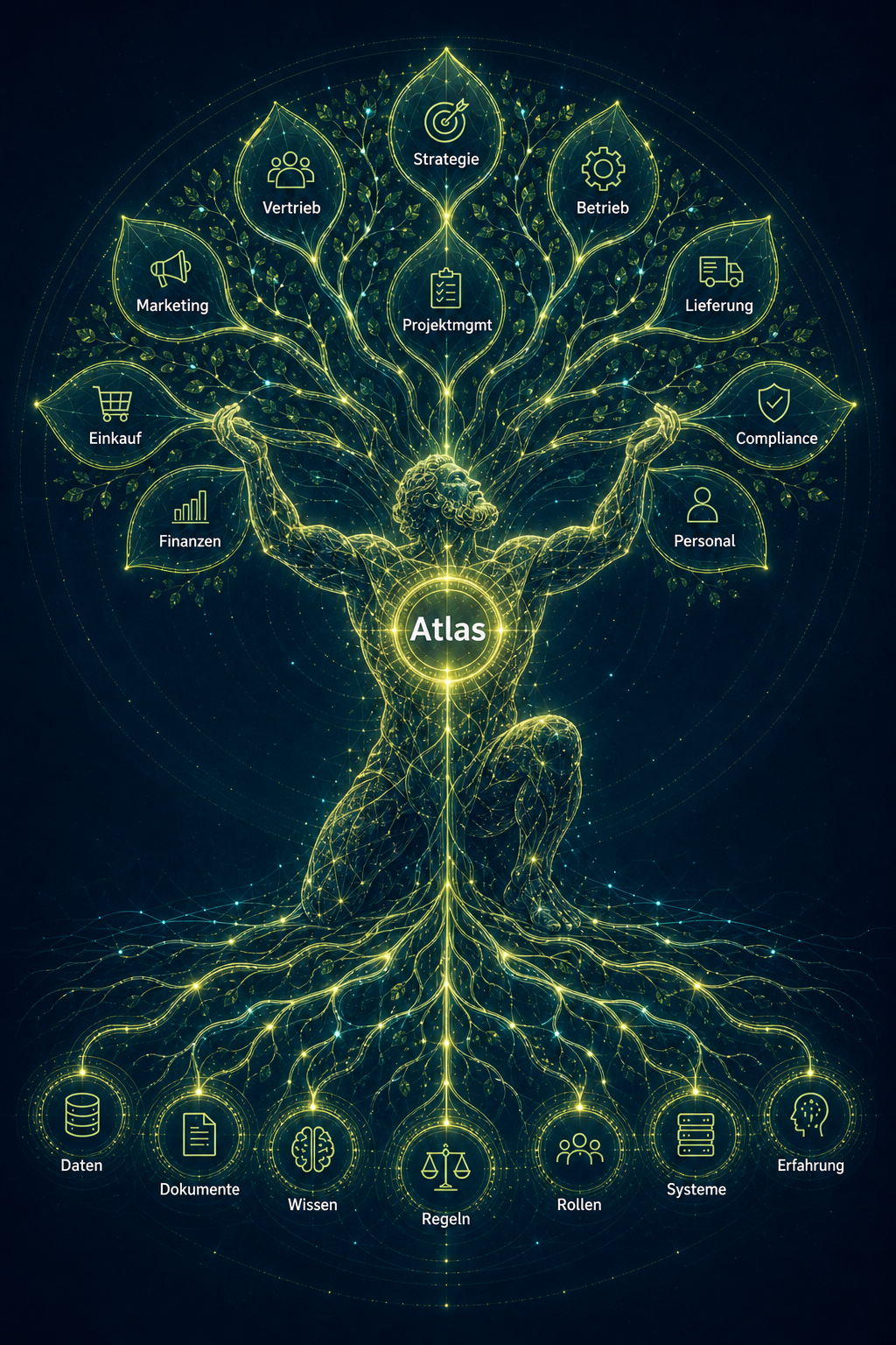 Atlas Illustration mit dem Titanen als tragendem Wissensbaum