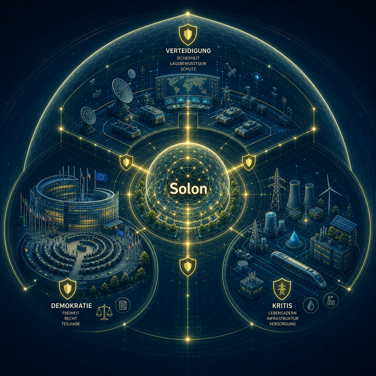 Solon Illustration mit souveränem Schutzdom und europäischer Parlamentsarchitektur