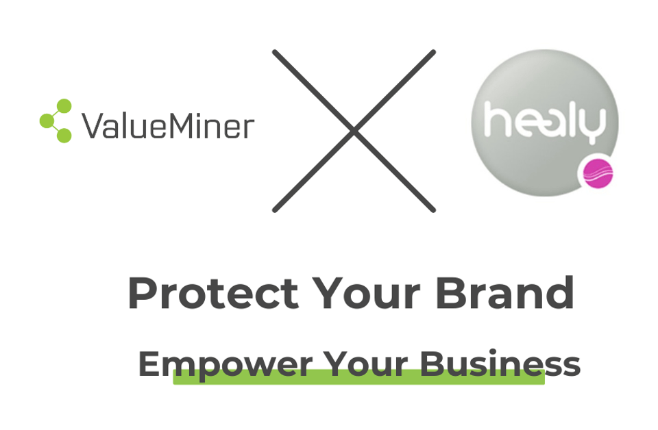 ValueMiner Logo and Healy World Logo partnership announcement for Compliance Management and Brand Protection Software