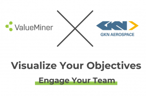 GKN Aerospace logo with ValueMiner Logo and writing Visualize your objectives and engage your team with AI Strategy Deployment Software
