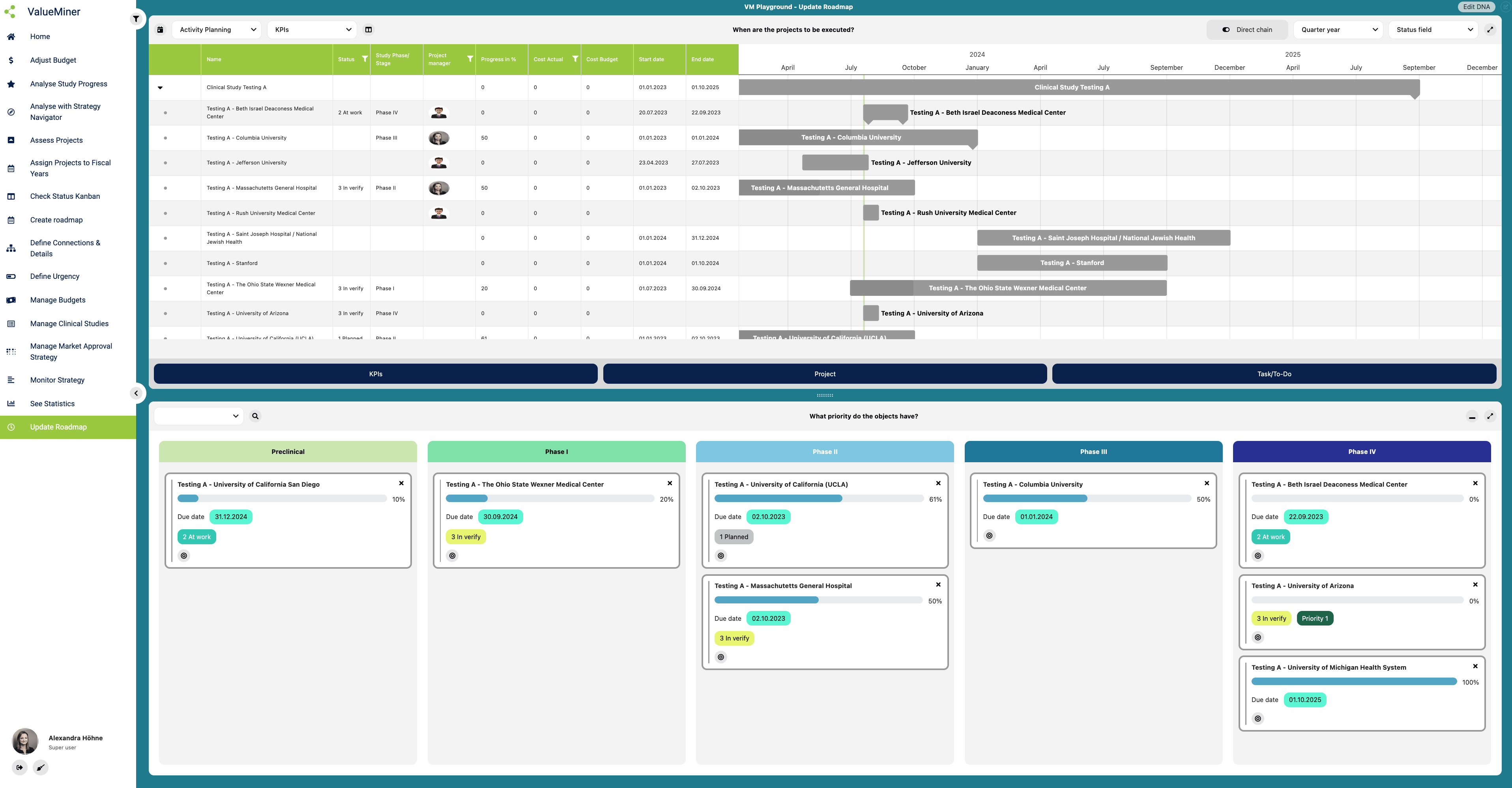 Screenshot of ValueMiner Bespoke Software Platform showcasing timeline Project Roadmap and Kanban tables