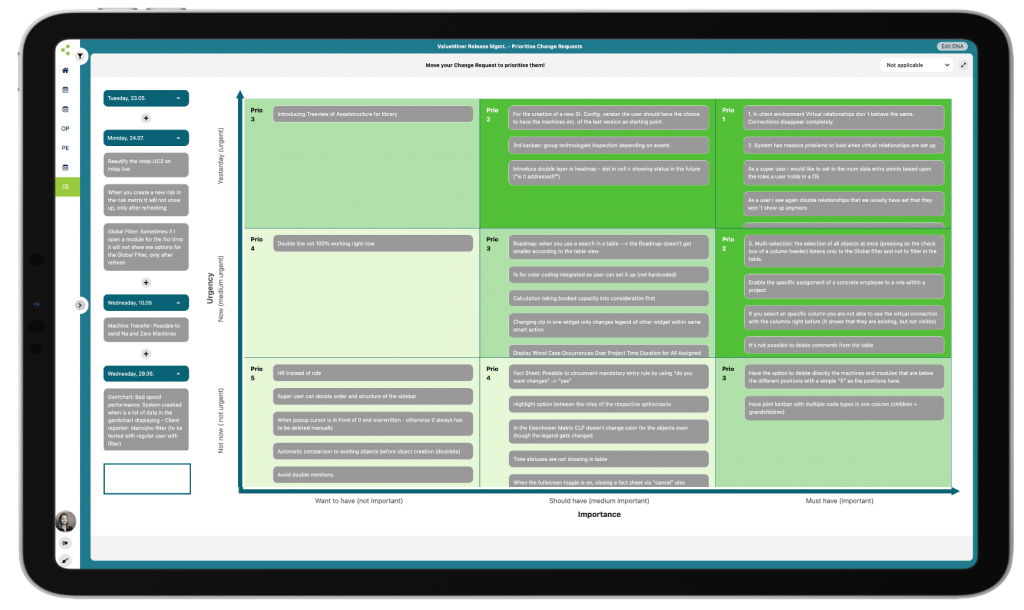 Screenshot on Ipad of the ValueMiner AI Software Platform Eisenhower Matrix