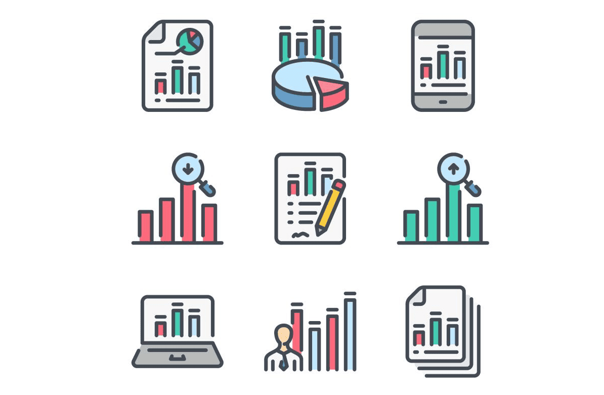 icons of reports graphs charts dashboards on pc and mobile screens